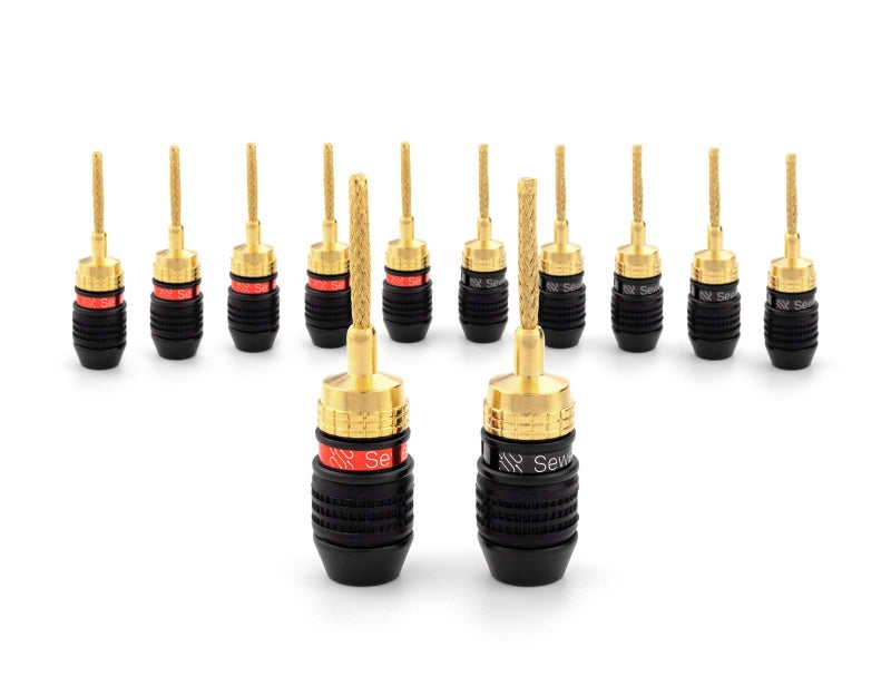 Sewell Deadbolt Flex Pin Banana Plugs for Spring Loaded Speaker Terminals, 6 Pairs Gold Plated Plugs - Image 1